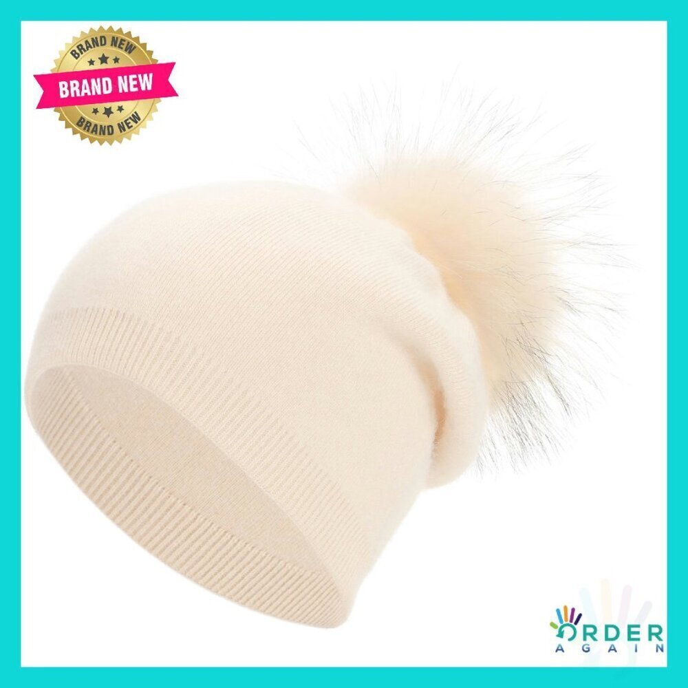 Cashmere Wool Blend Slouchy Knit Beanie with Real Fur Pom Pom Winter Hat